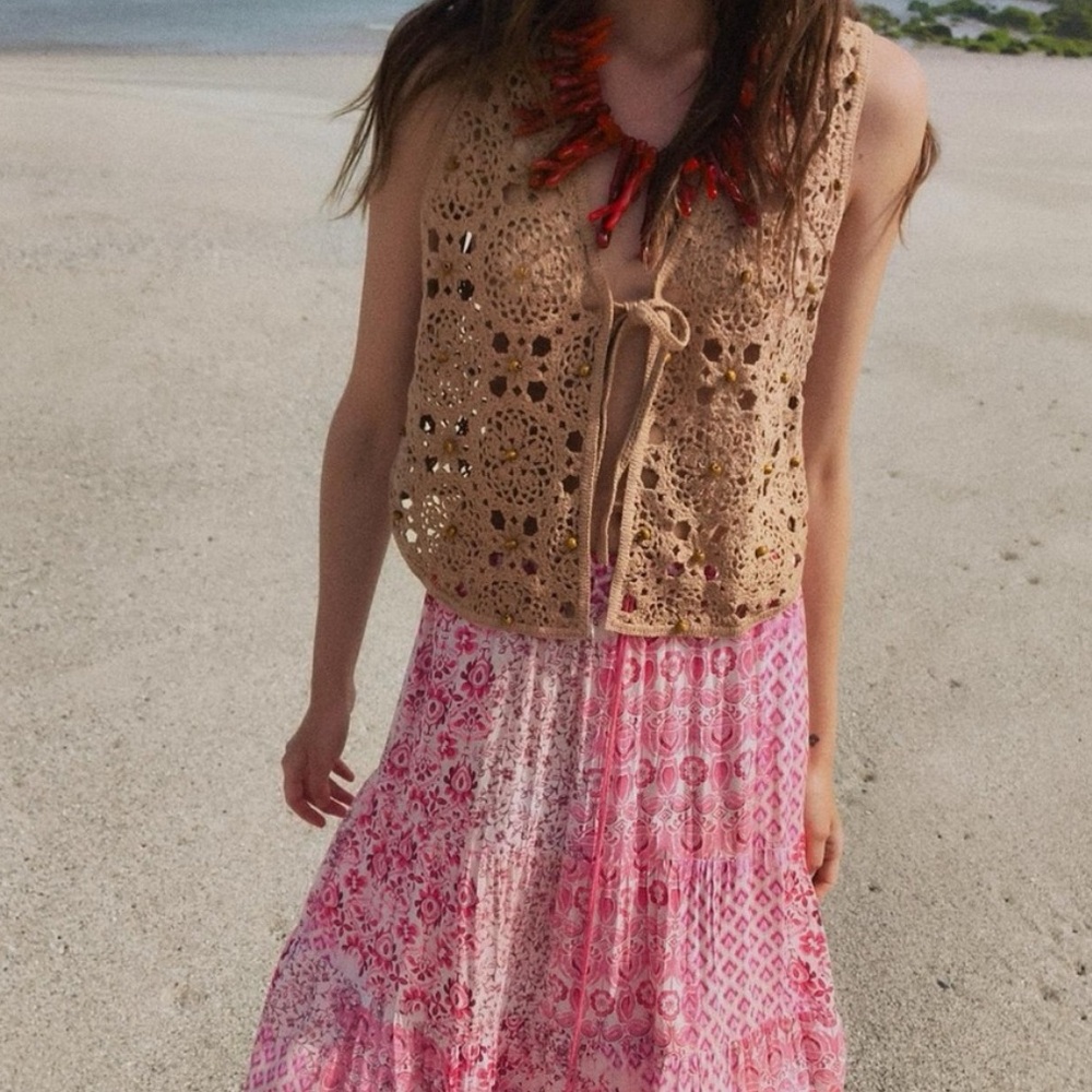 Zara Tan Crochet Knit Beaded Tie Vest